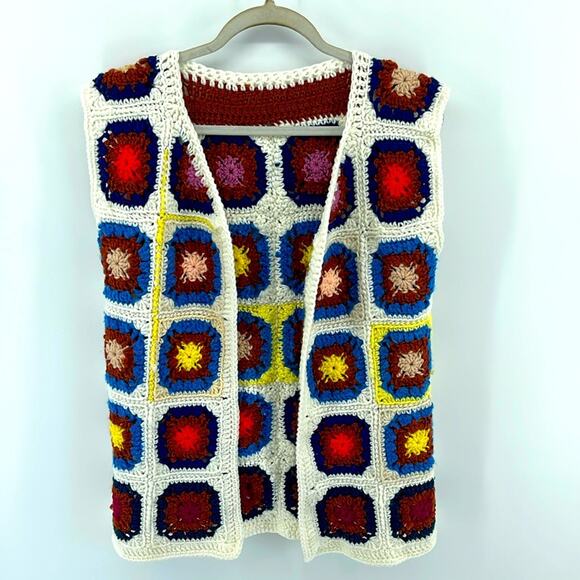 Vintage handmade parlors granny square crocheted open front vest - Picture 1 of 5